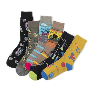 Detailed set of six cotton crew socks with creative graphic patterns and vibrant colors