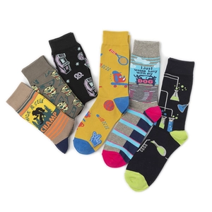 Set of 6 cotton sports socks featuring fun novelty patterns and vibrant knitted designs
