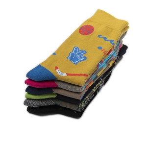 Detailed stack of multi-color athletic cotton crew socks with vibrant sports patterns