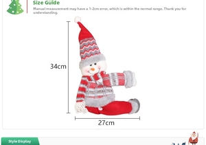 Christmas snowman curtain buckle decoration dimensions showing 34cm height and 27cm width