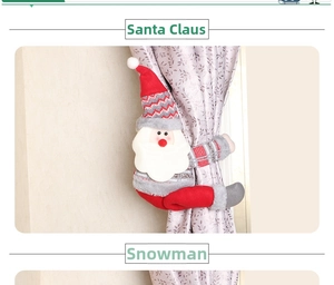Detail showing Santa Claus curtain tieback on a window with knitted and plush textures