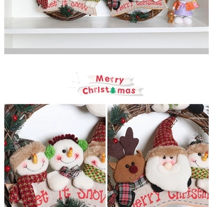 Detail of handmade Christmas rattan wreaths with snowman and elk plush figurines