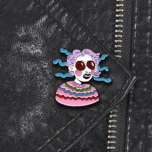 Trendy Eccentric Cartoon Girl Enamel Brooch Alloy Drip Oil Pin Noodle Hair Spiral Eyes Badge Fashion Jewelry Gifts Women