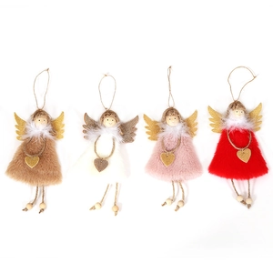 Set of 4 plush Christmas angel ornaments with gold wings and sequin hearts