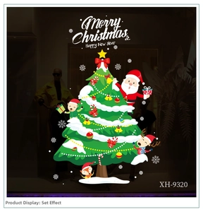 Adesivo natalizio per finestre con albero di Natale, Babbo Natale e renna, mod. XH-9320