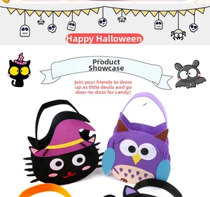 Detail of Halloween DIY felt candy bags featuring black cat and owl designs