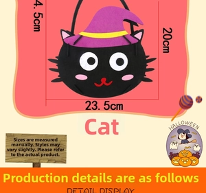 Detail view of handmade black cat Halloween felt candy bag with wizard hat dimensions