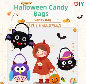 Kids Halloween DIY felt treat bags set featuring bat, owl, black cat, and pumpkin designs