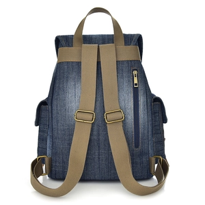 Zaino vintage in denim blu con spallacci in tela kaki regolabili e tasca posteriore