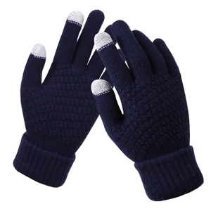Winter thermal navy knit touch screen gloves for women with thickened ribbed cuff