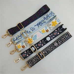 Adjustable canvas bag straps with floral patterns and gold metal buckles for handbags