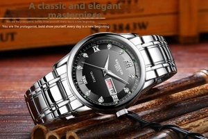 Macro side view of steel watch band and calendar display on black diamond dial