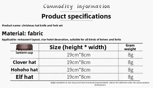 Size guide for Christmas hat cutlery sets featuring four festive themed cloth designs