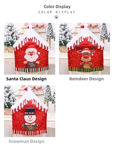 Detailed view of Christmas chair covers with Santa, reindeer, and snowman patterns
