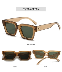 Detailed views of tea green square thick-frame sunglasses with stylish metal rivets