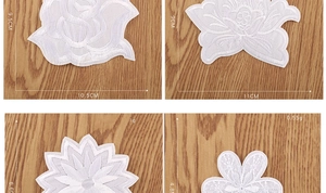 Detailed views of white rose floral embroidery patches for clothes with size measurements