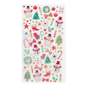 DIY Christmas stickers set with gold foil snowmen, trees, and stars on white background