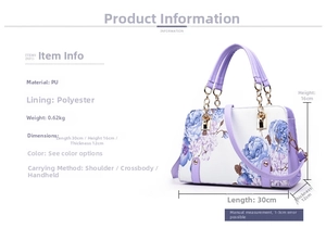 Detailed product dimensions and PU material specifications for the printed shell bag