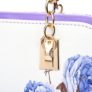 White shell handbag with blue floral print, gold chain strap and square metal buckle detail