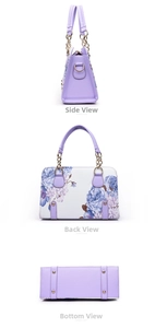 Detailed views of floral shell bag showing side, back and bottom with protective studs