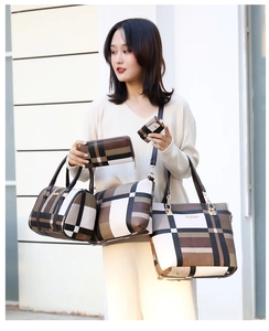 Detailed five-piece set of brown plaid tote, crossbody, Boston bag, and wallets for women