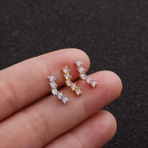 Three-color curved leaf stud earrings with zircon inlay in silver, gold, and rose gold