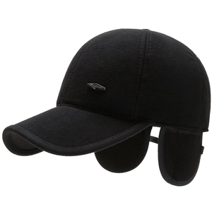 Winter black baseball cap with ear flaps for elderly men featuring soft woolen texture