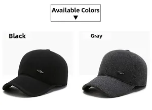Detail view of winter baseball caps in black and grey with warm wool fabric and ear protection