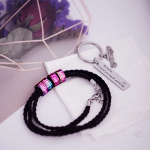 Bracelet tressé en cuir avec perles gravées et porte-clés personnalisé Be Safe pour homme