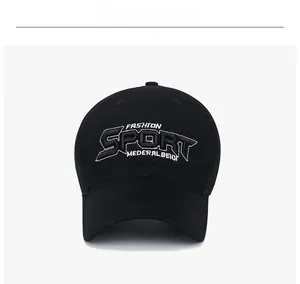 Detail of 3D embroidery on black cotton baseball cap showing Sport and Fashion text