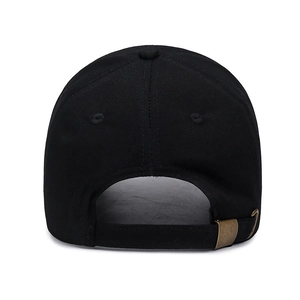 Rear view of black cotton baseball cap featuring adjustable vintage bronze metal buckle