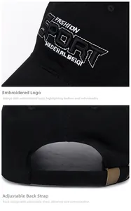 Detail of 3D embroidery and adjustable metal buckle on black cotton baseball cap