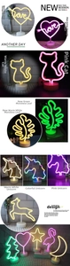 Various LED neon signs including unicorn and flamingo designs with USB power base