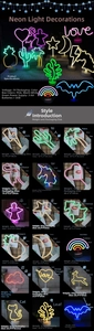 Detailed grid showing diverse LED neon light shapes with USB and battery power options