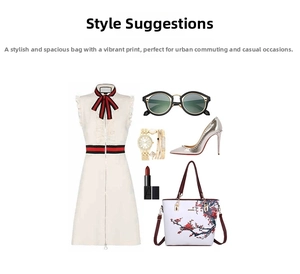 Detailed flat lay of graffiti tote bag set with matching dress and stylish accessories