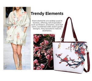 Detail of white tote bag featuring red plum blossom print and elegant red handles