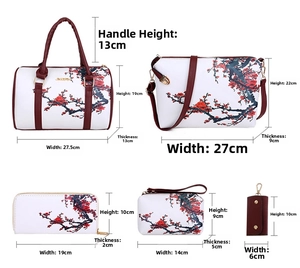 Detailed size chart for the 5-piece floral handbag set including tote and shoulder bag