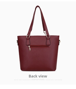 Rear view of burgundy PU leather tote bag showing a back zipper pocket and pebble texture