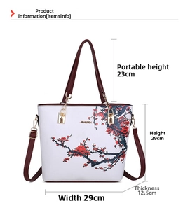 Detailed size chart of white tote bag with red plum floral print and dimensions