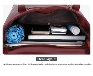 Interior view of deep red tote bag showing storage for iPad, umbrella, and essentials