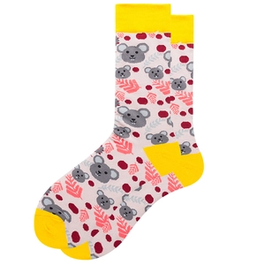 Detailed view of casual crew socks featuring cartoon koala pattern and yellow heel accents