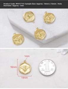 Detail of bee engraved hexagonal gold pendant with dimension 14x16mm for DIY jewelry making