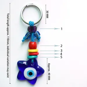 Turkish blue evil eye star keychain with colorful beads and silver metal keyring