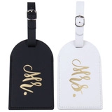 Matching Mr and Mrs faux leather luggage tags in black and white with gold script lettering