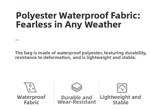 Waterproof polyester material details showing durable, lightweight and sturdy features