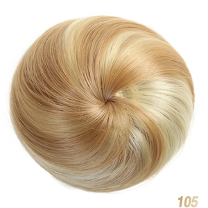 Detail view of light blonde and brown highlighted drawstring hair bun style 105