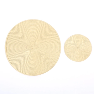 Close-up of beige woven round placemats showing detailed spiral texture and heat resistance