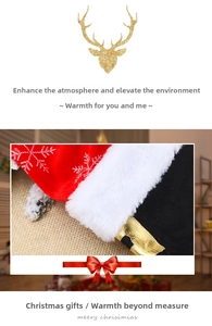 Close-up of red Christmas chair leg covers with white snowflake patterns and plush fur trim