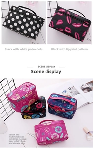 Close-up of portable travel makeup bag with polka dots and vibrant floral patterns