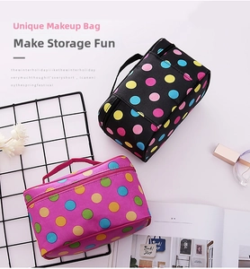 Close-up of portable polka dot makeup bags with top handle and dual zipper closure